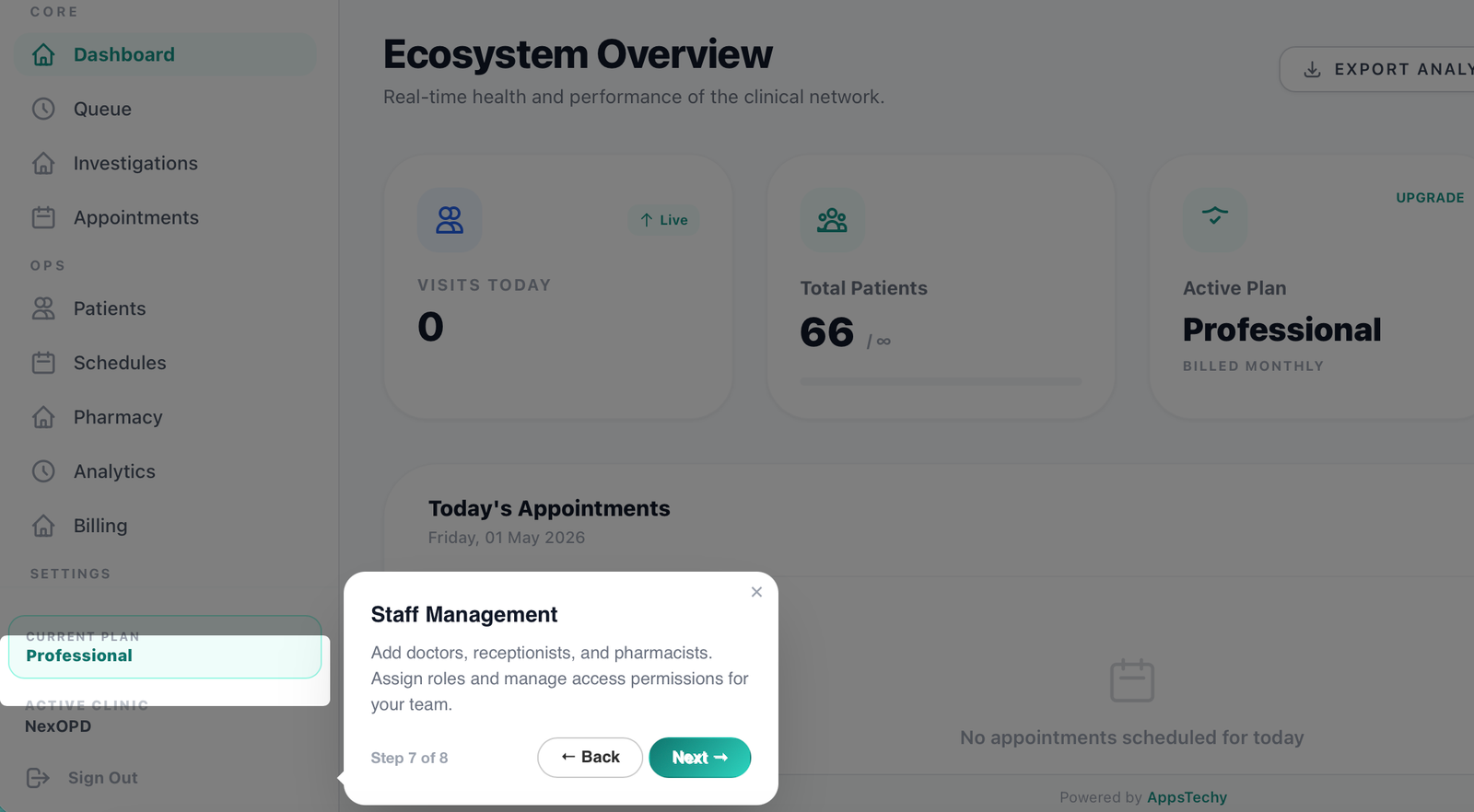 NexOPD clinic setup — configure doctors, timings, and fees